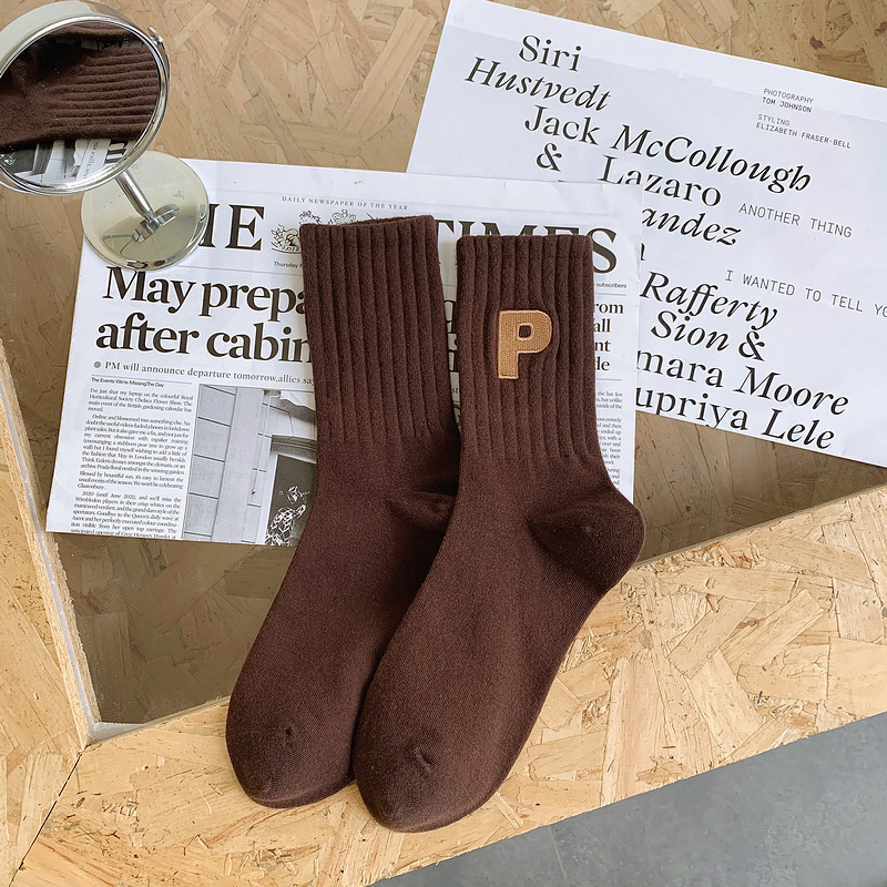 Cotton Solid Color P Letters College Style Men Crew Sport Socks Custom Logo